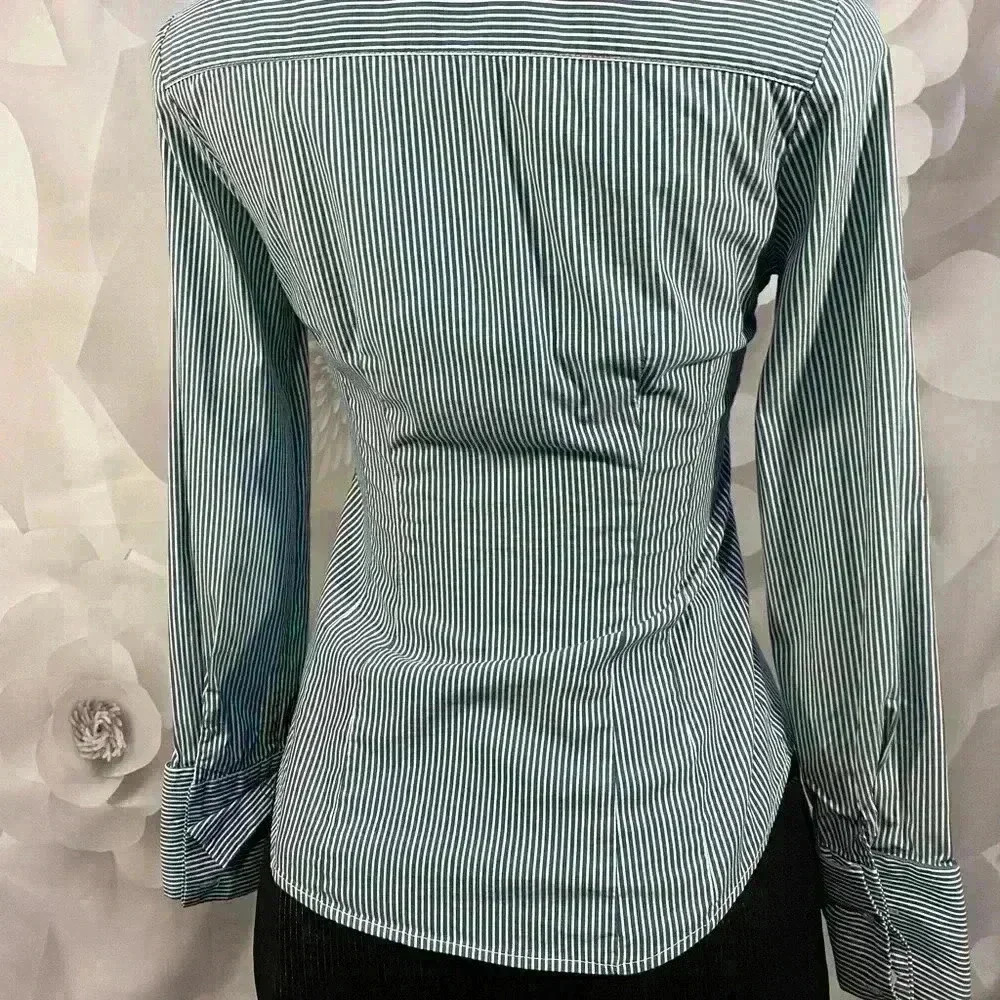 Express Design Studio Womens Size XS Blue‎ & White Striped Ruffled Blouse - Picture 2 of 9